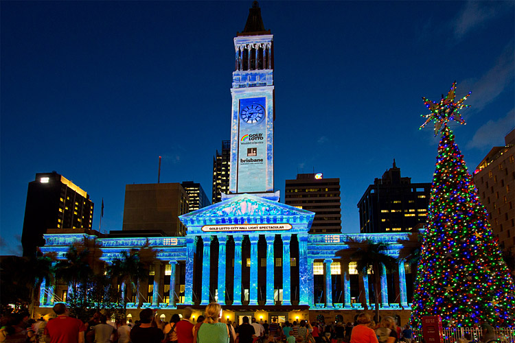 Brisbanites awaiting the light show at the Town Hall in King George Square.