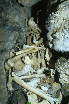 Bones in ancient burial cave. Chachapoyas, Peru