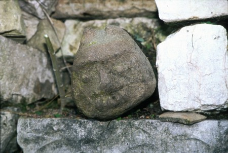 Chachapoya stone head. La Joya. Chachapoyas, Peru